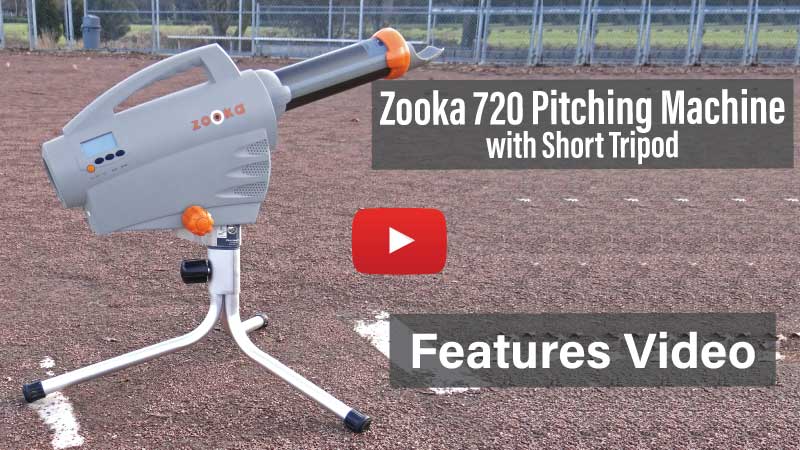Zooka 720 pitching machine with short tripod on a baseball field, featuring a YouTube play button and text about a features video.