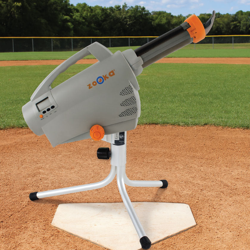 Zooka ZS720 pitching machine used for youth baseball practice on the field