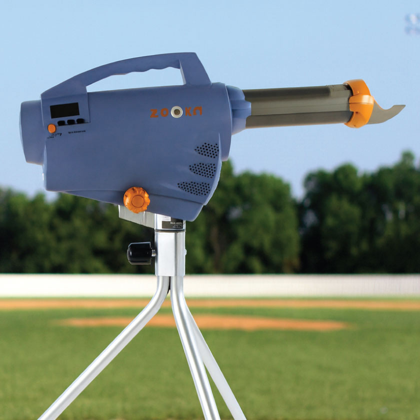 Zooka ZS740 pitching machine used for baseball batting practice on the field